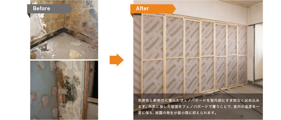 気密性と断熱性に優れたセキスイ独自の壁断熱特許工法を壁内部にすき間なくはめ込みます。外気に接した壁面をセキスイ独自の壁断熱特許工法で覆うことで、室内の温度を一定に保ち、結露の発生が最小限に抑えられます。